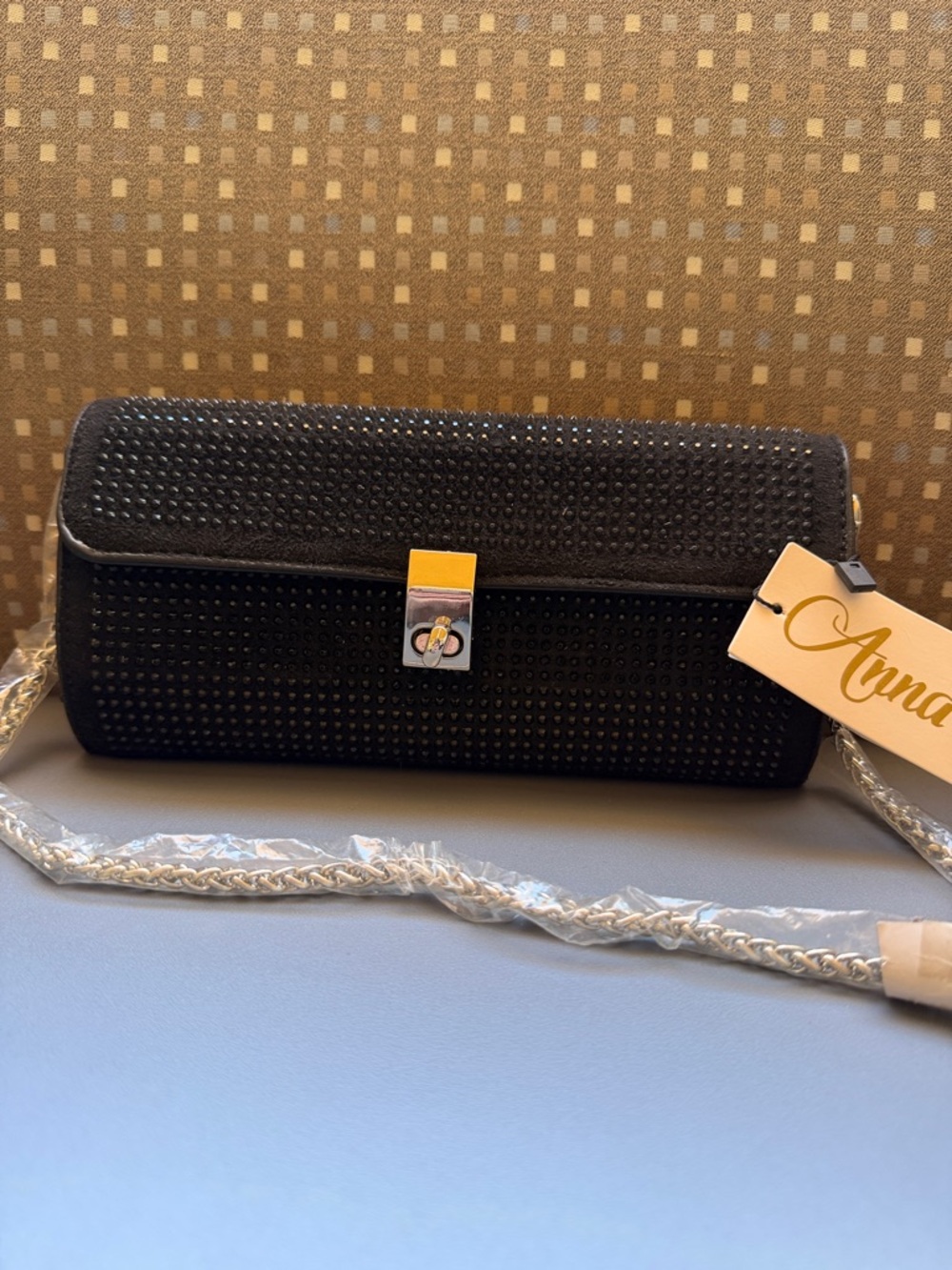 Anna &Elle Black Studded Evening Clutch with Silver Chain